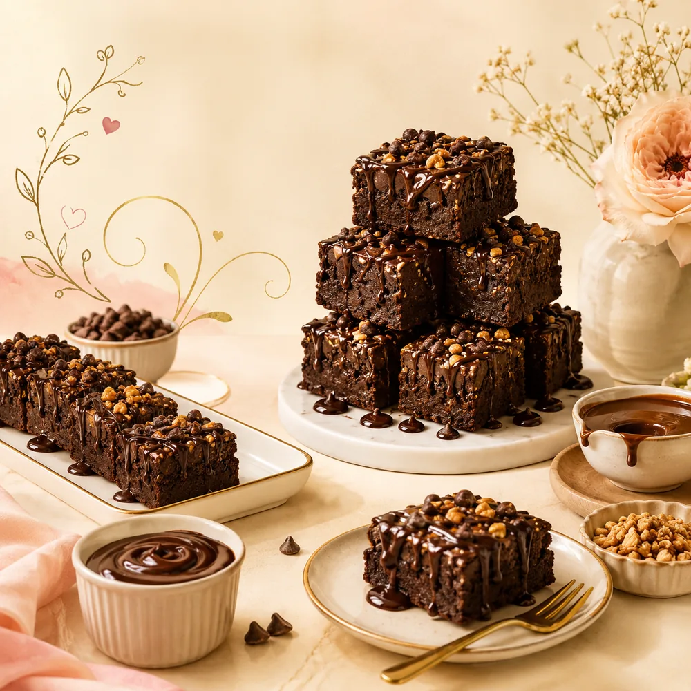 Rich chocolate brownies with drizzle, toppings and brownie tower