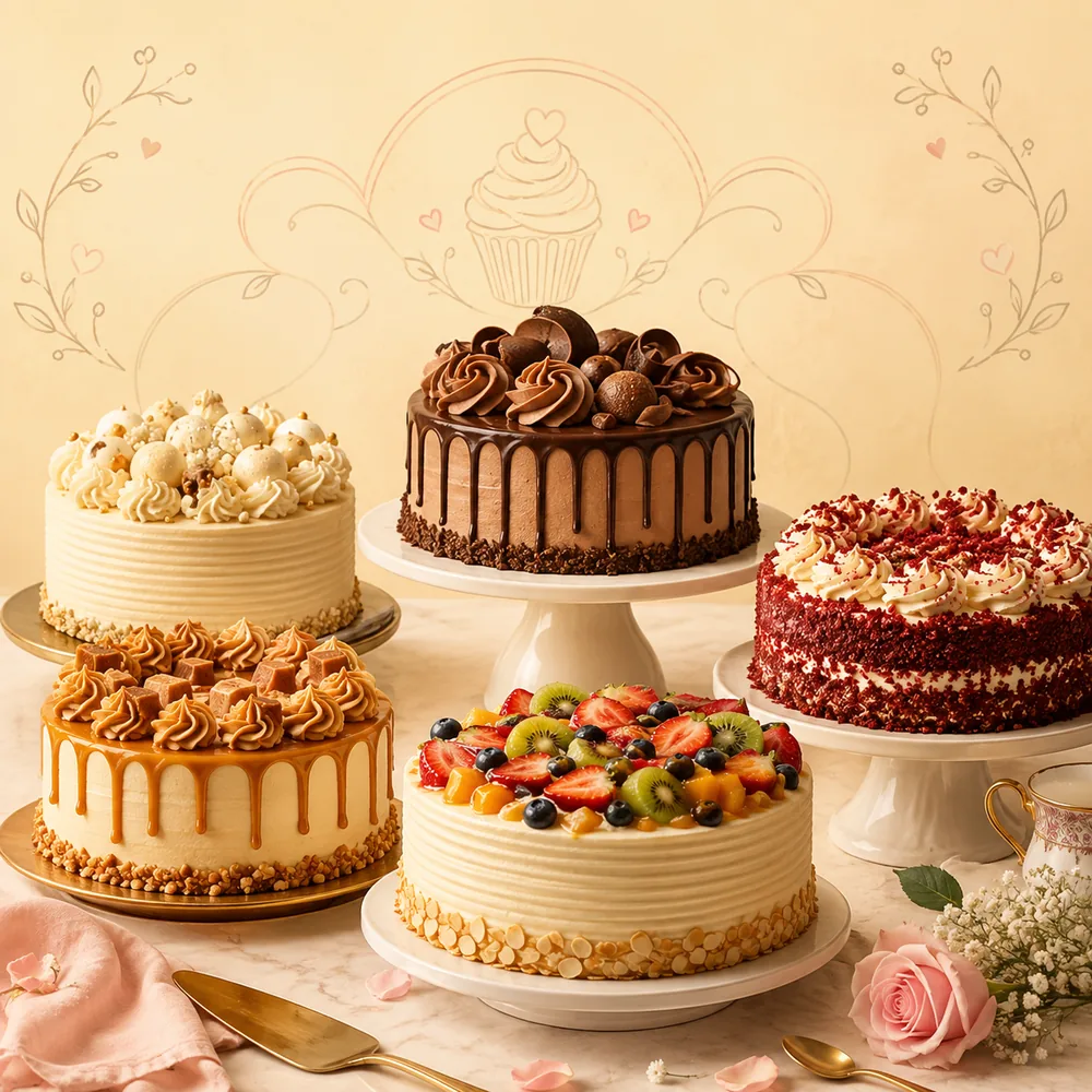Assortment of vanilla, chocolate, red velvet, fruit and butterscotch-style cakes