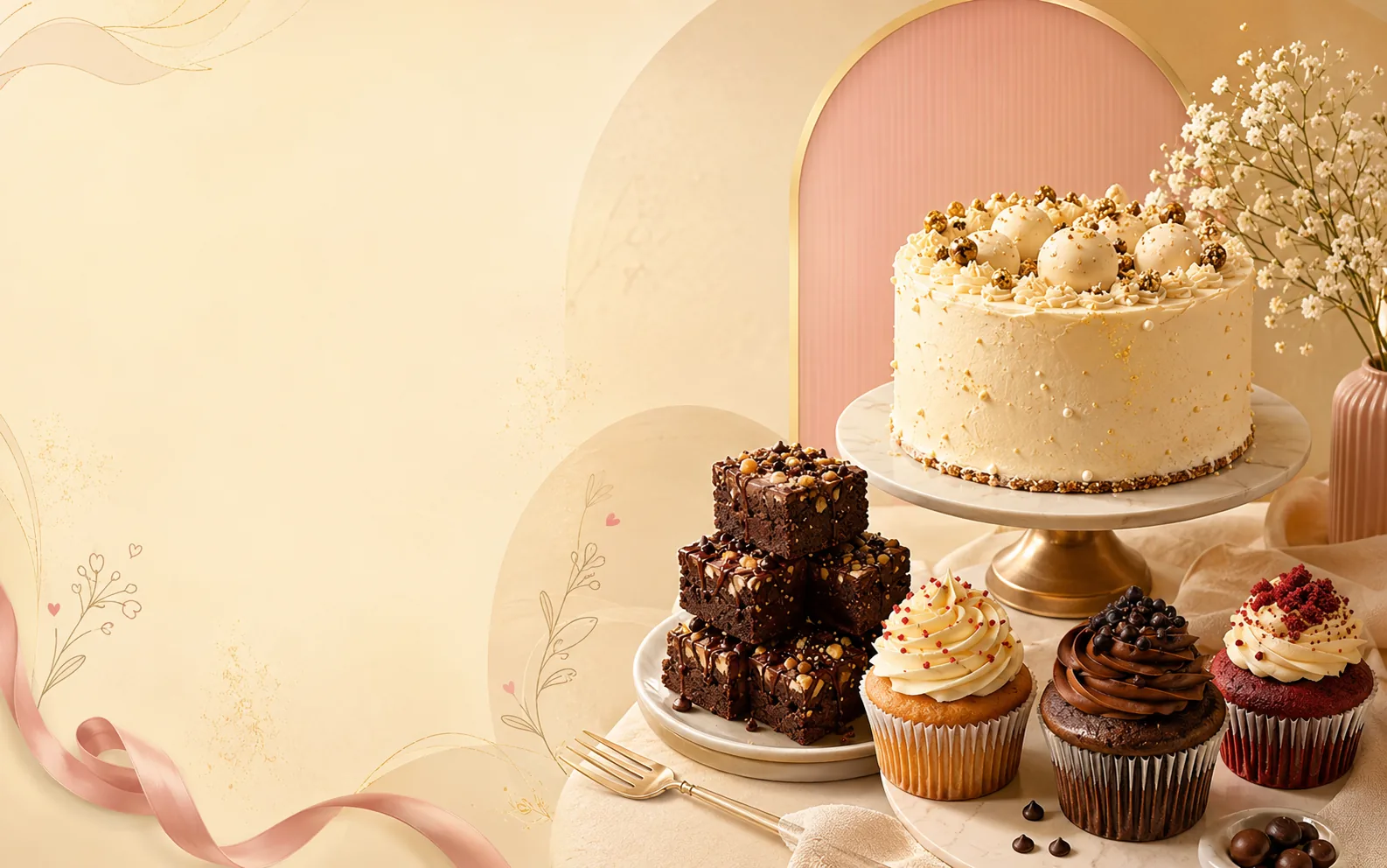 Elegant celebration cakes in warm cream and blush styling
