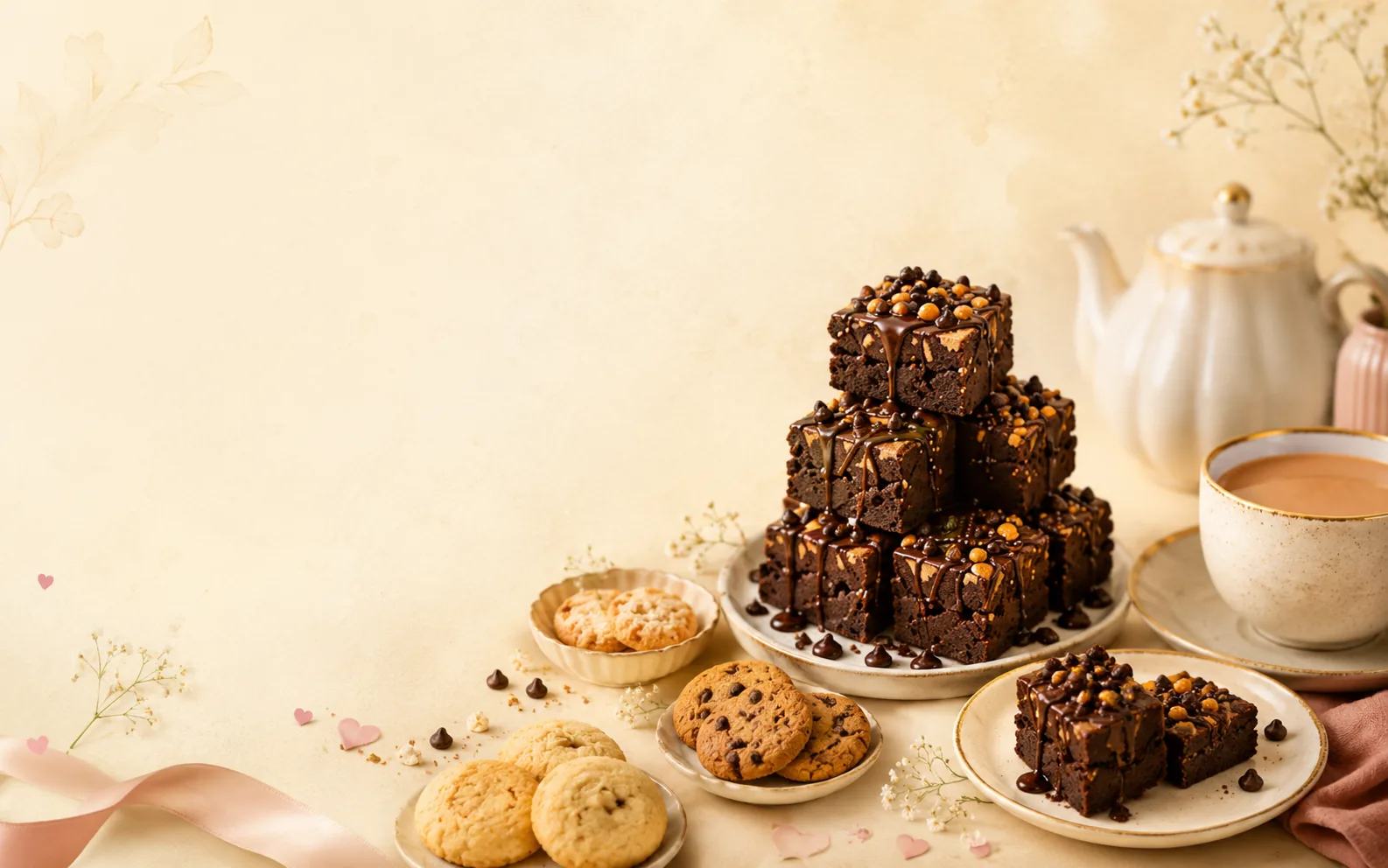 Brownies, cookies and tea-time treats arranged for a cosy tea setting